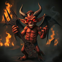 A sinister horned devil character in a dark fantasy setting, with glowing red eyes and sharp horns protruding from its forehead