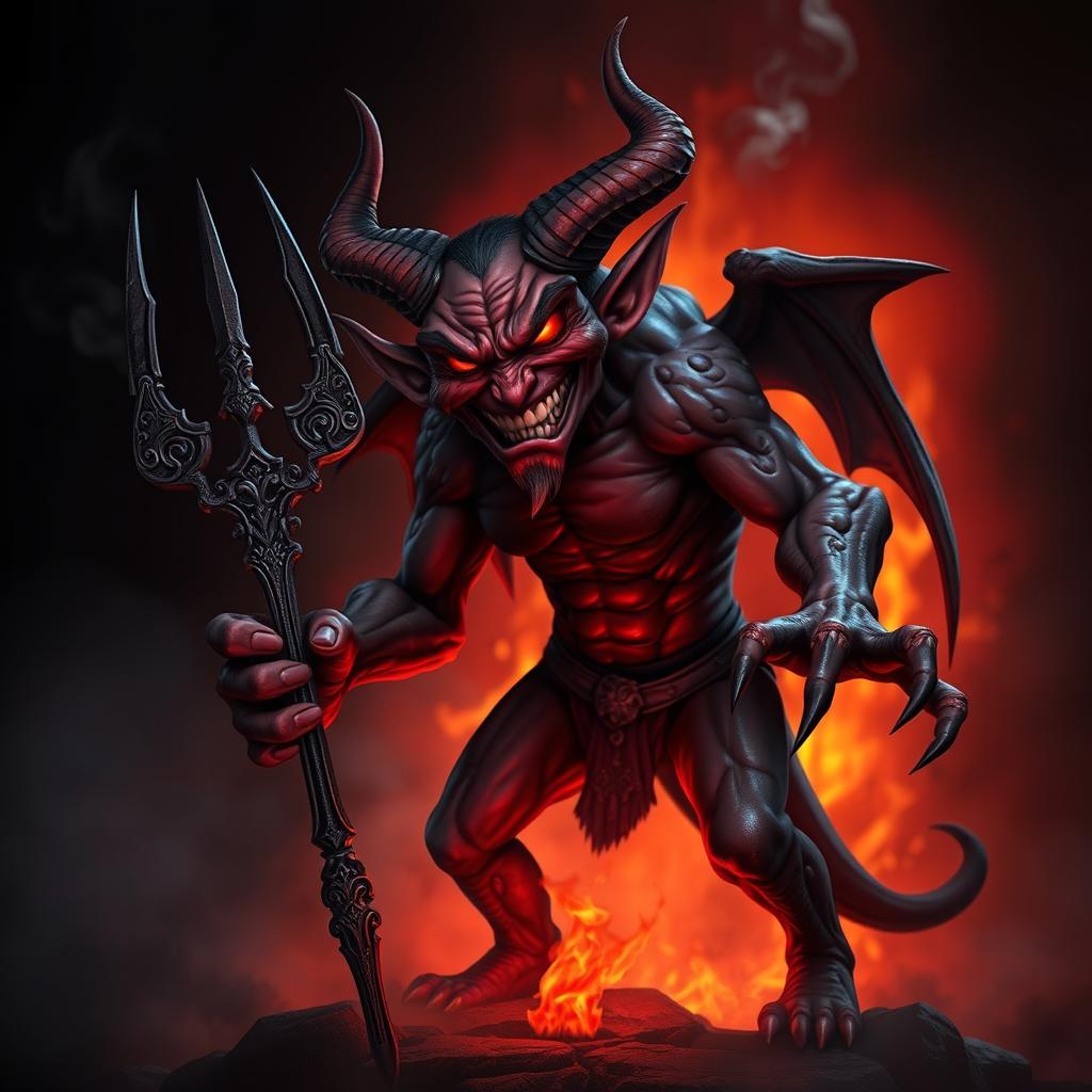 A sinister horned devil character in a dark fantasy setting, with glowing red eyes and sharp horns protruding from its forehead