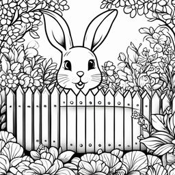 Black and white colouring book page featuring a cute bunny in a garden setting with flowers and a picket fence.