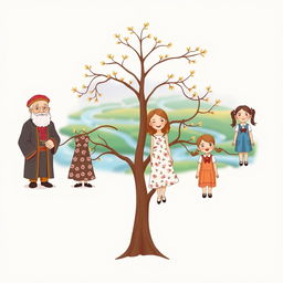 A family tree illustration featuring six individuals: a grandfather dressed as a Cossack with traditional attire and a distinctive hat, a son who is casually dressed, a daughter wearing a dress with floral patterns, two sons in casual clothing, and a daughter in a cute outfit with a playful design
