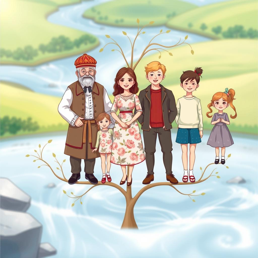 A family tree illustration featuring six individuals: a grandfather dressed as a Cossack with traditional attire and a distinctive hat, a son who is casually dressed, a daughter wearing a dress with floral patterns, two sons in casual clothing, and a daughter in a cute outfit with a playful design