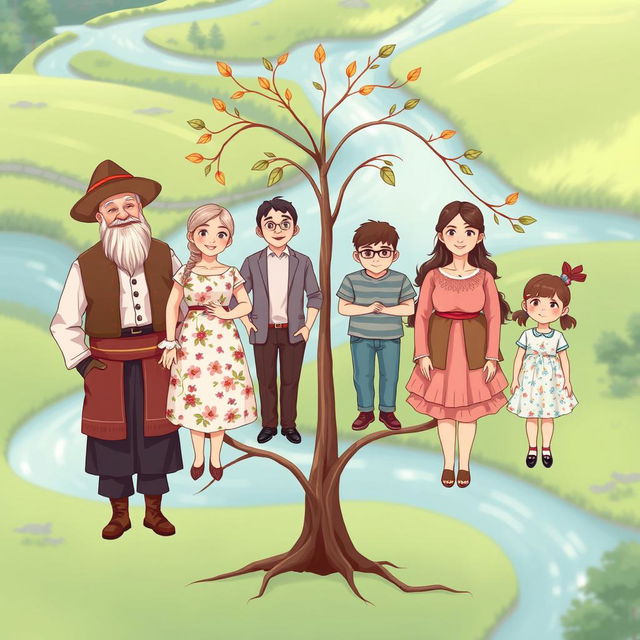 A family tree illustration featuring six individuals: a grandfather dressed as a Cossack with traditional attire and a distinctive hat, a son who is casually dressed, a daughter wearing a dress with floral patterns, two sons in casual clothing, and a daughter in a cute outfit with a playful design