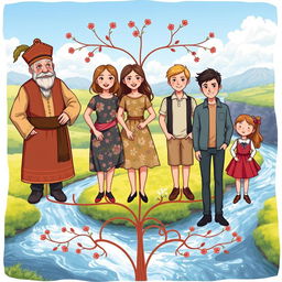 A family tree illustration featuring six individuals: a grandfather dressed as a Cossack with traditional attire and a distinctive hat, a son who is casually dressed, a daughter wearing a dress with floral patterns, two sons in casual clothing, and a daughter in a cute outfit with a playful design