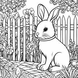 Black and white colouring book page featuring a cute bunny in a garden setting with flowers and a picket fence.