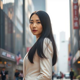 A full-height portrait of a 45-year-old Chinese woman with a composed and straight expression, standing confidently in an urban environment