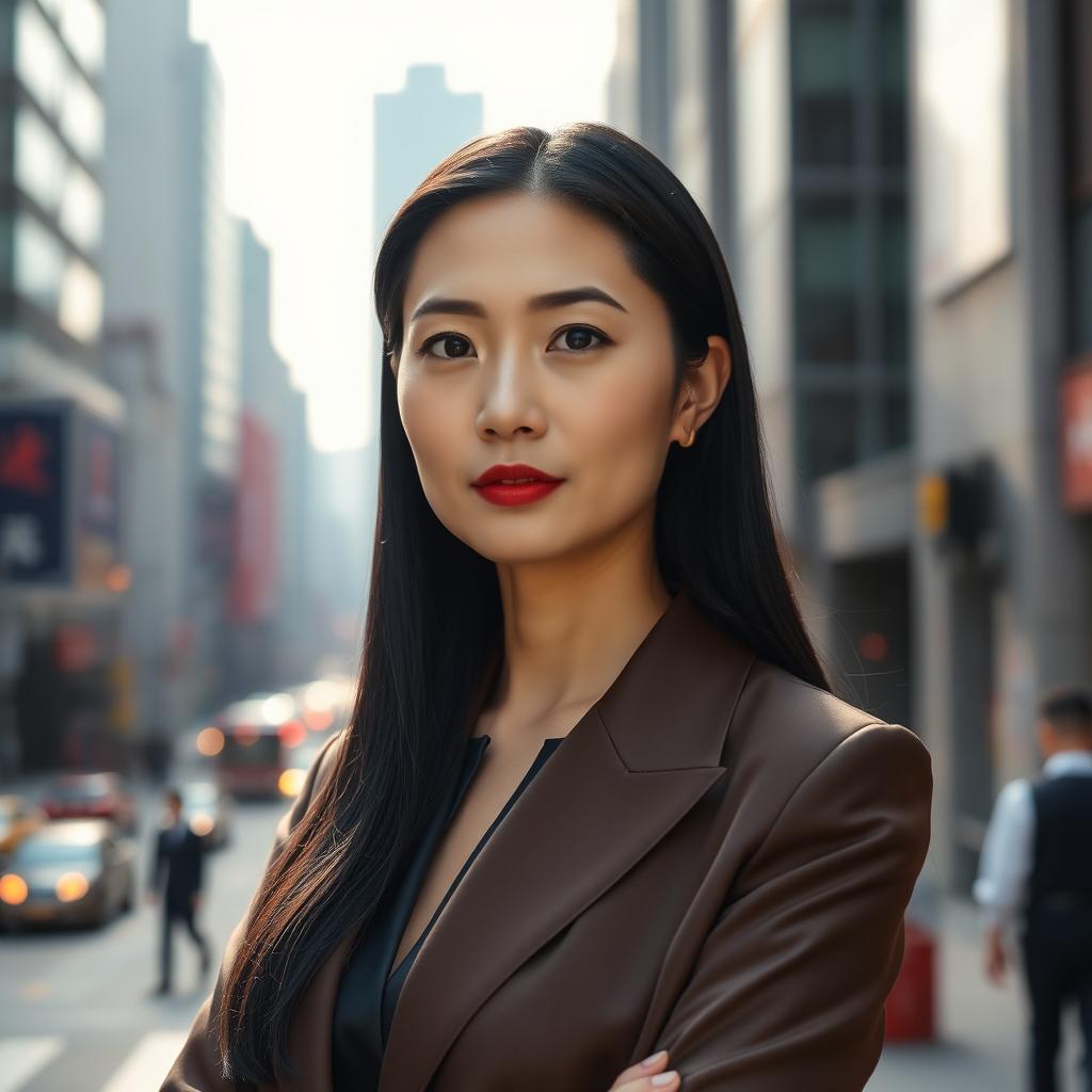 A full-height portrait of a 45-year-old Chinese woman with a composed and straight expression, standing confidently in an urban environment