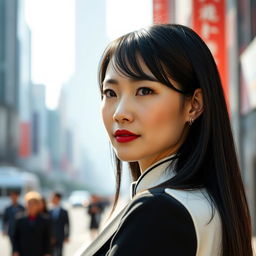A full-height portrait of a 45-year-old Chinese woman with a composed and straight expression, standing confidently in an urban environment