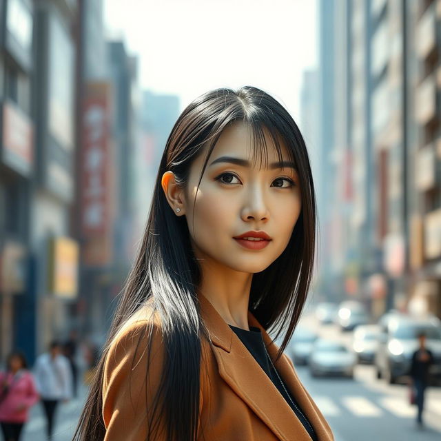 A full-height portrait of a 45-year-old Chinese woman with a composed and straight expression, standing confidently in an urban environment