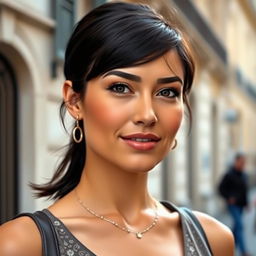 A 35-year-old French woman with dark hair styled in a chic short haircut or elegantly pulled back into a ponytail