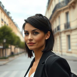 A 35-year-old French woman with dark hair styled in a chic short haircut or elegantly pulled back into a ponytail