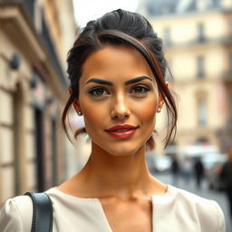 A 35-year-old French woman with dark hair styled in a chic short haircut or elegantly pulled back into a ponytail