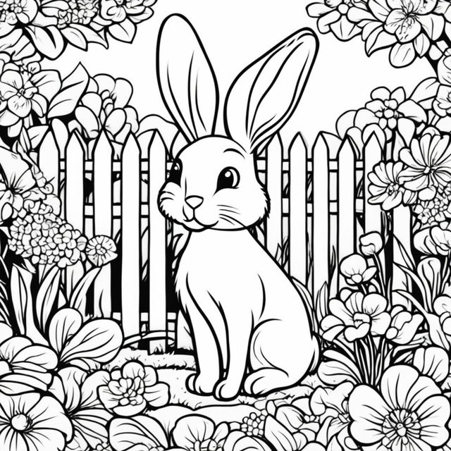 Black and white colouring book page featuring a cute bunny in a garden setting with flowers and a picket fence.