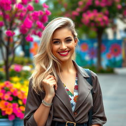 A 34-year-old woman with striking blonde hair and a beautiful Latina complexion, dressed elegantly in fashionable attire that complements her vibrant style
