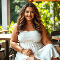 A confident and attractive 35-year-old woman with a fuller figure, exuding self-assurance and charm, posed elegantly with a soft smile