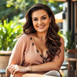 A confident and attractive 35-year-old woman with a fuller figure, exuding self-assurance and charm, posed elegantly with a soft smile