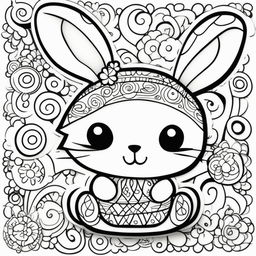 Kawaii-style bunny on a children's black and white colouring book page with simple background shapes and patterns.