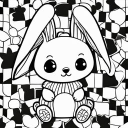 Kawaii-style bunny on a children's black and white colouring book page with simple background shapes and patterns.