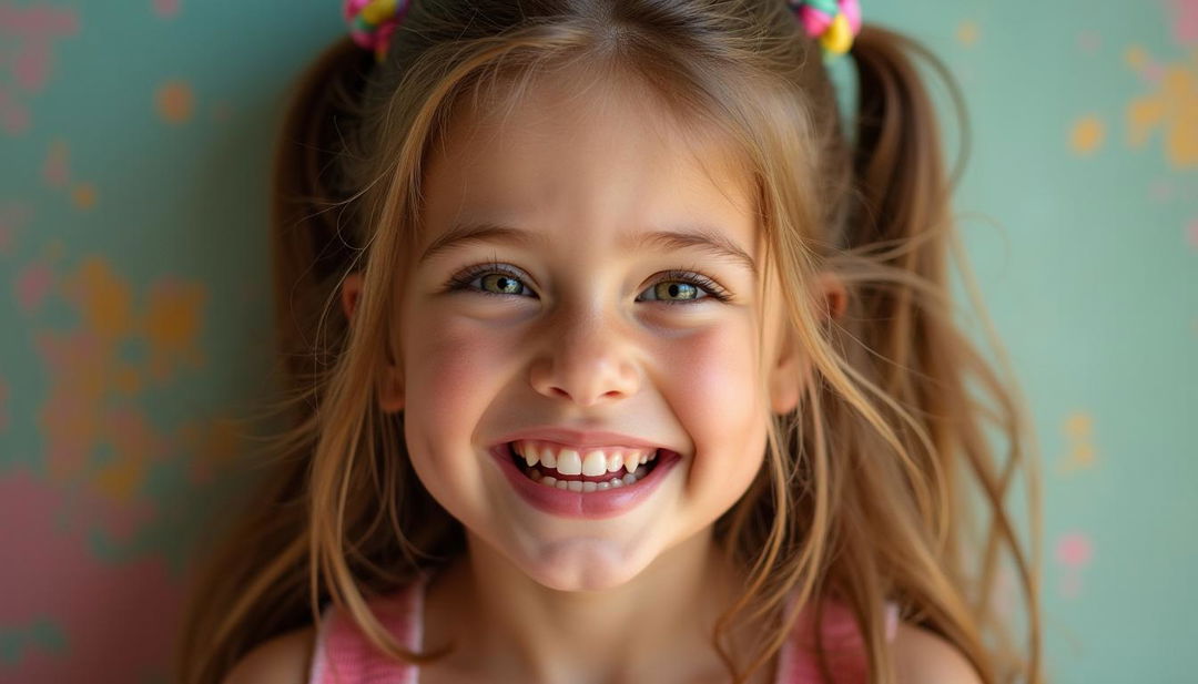 A close-up portrait of a young girl with an unnaturally wide smile that seems forced