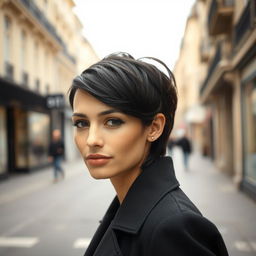 A 36-year-old French woman with dark hair styled in a trendy and fashionable haircut that reflects contemporary elegance