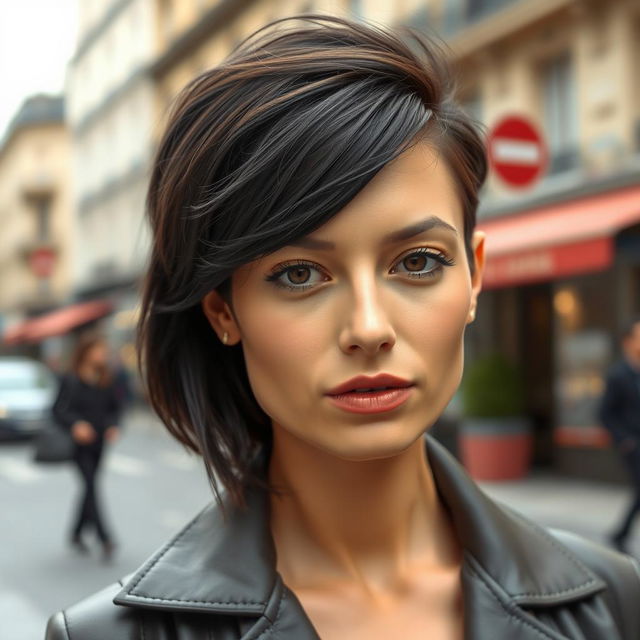 A 36-year-old French woman with dark hair styled in a trendy and fashionable haircut that reflects contemporary elegance