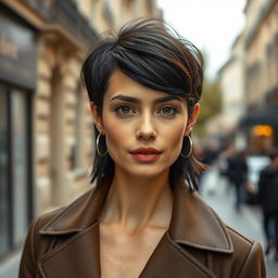 A 36-year-old French woman with dark hair styled in a trendy and fashionable haircut that reflects contemporary elegance