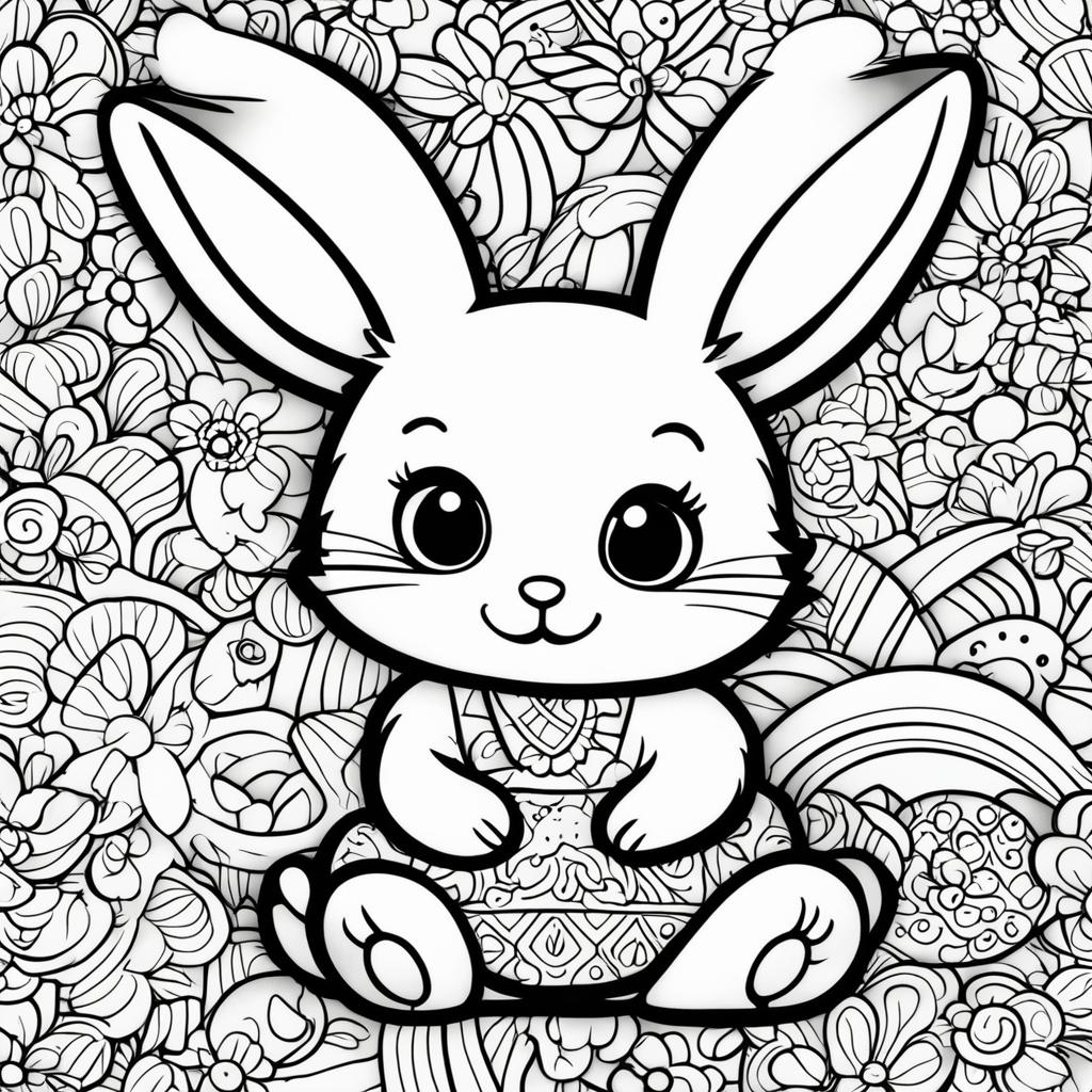 Kawaii-style bunny on a children's black and white colouring book page with simple background shapes and patterns.