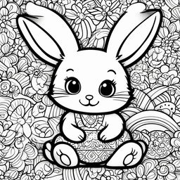 Kawaii-style bunny on a children's black and white colouring book page with simple background shapes and patterns.