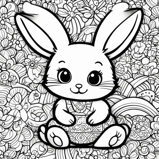 Kawaii-style bunny on a children's black and white colouring book page with simple background shapes and patterns.