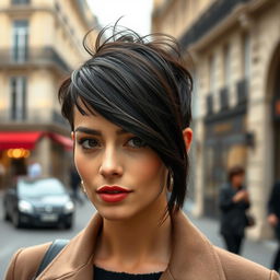 A 36-year-old French woman with dark hair styled in a trendy and fashionable haircut that reflects contemporary elegance