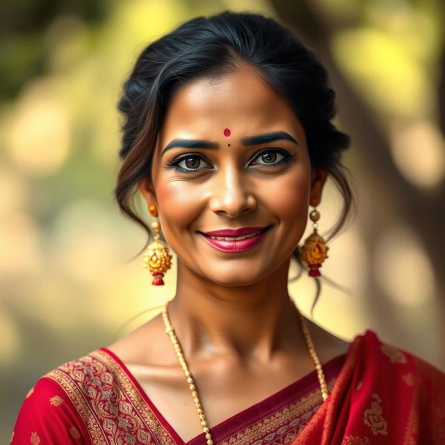 A 40-year-old woman with South Asian features, showcasing her rich cultural heritage