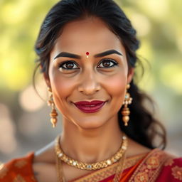 A 40-year-old woman with South Asian features, showcasing her rich cultural heritage