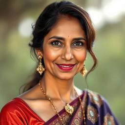 A 40-year-old woman with South Asian features, showcasing her rich cultural heritage