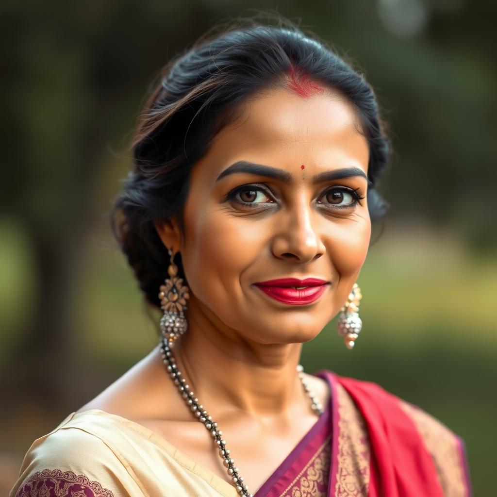 A 40-year-old woman with South Asian features, showcasing her rich cultural heritage