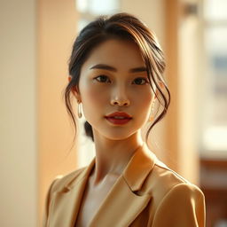 A 35-year-old Vietnamese woman with fair skin and a slender figure, featuring soft and delicate facial features