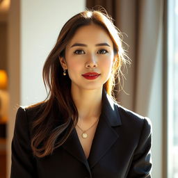 A 35-year-old Vietnamese woman with fair skin and a slender figure, featuring soft and delicate facial features