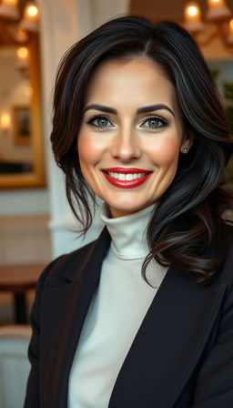 A 35-year-old European woman with dark hair, displaying a striking and sophisticated appearance