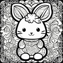 Kawaii-style bunny on a children's black and white colouring book page with simple background shapes and patterns.