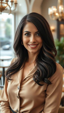 A 35-year-old European woman with dark hair, displaying a striking and sophisticated appearance