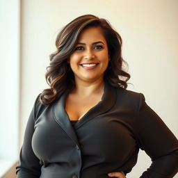 A confident and attractive 35-year-old woman with a fuller figure, exuding self-assurance and charm, wearing stylish and well-fitted clothes that complement her curves