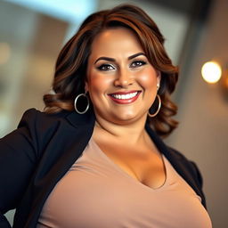 A confident and attractive 35-year-old woman with a fuller figure, exuding self-assurance and charm, wearing stylish and well-fitted clothes that complement her curves