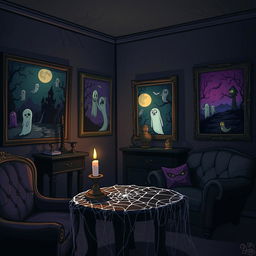 A horror-themed room featuring eerie cartoon-style paintings on the walls