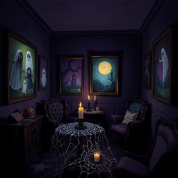 A horror-themed room featuring eerie cartoon-style paintings on the walls