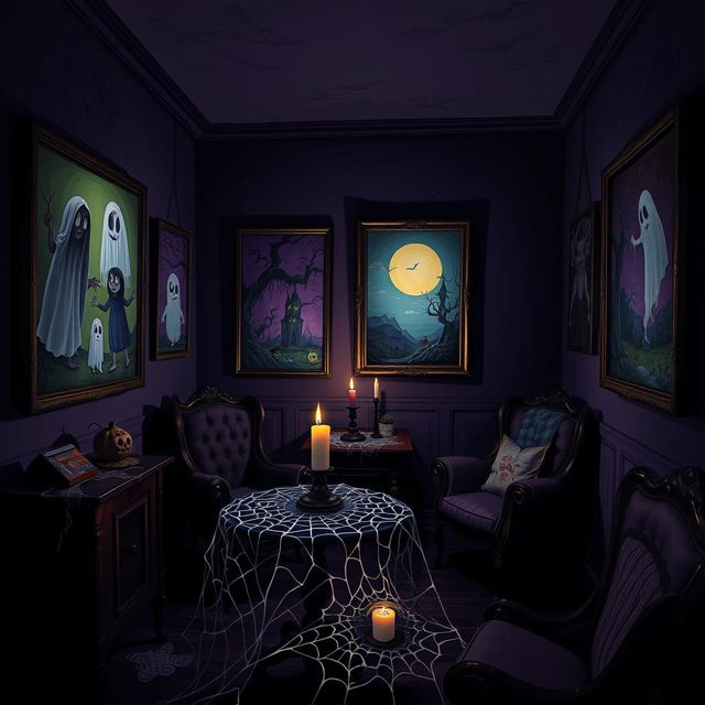 A horror-themed room featuring eerie cartoon-style paintings on the walls