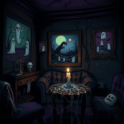 A horror-themed room featuring eerie cartoon-style paintings on the walls