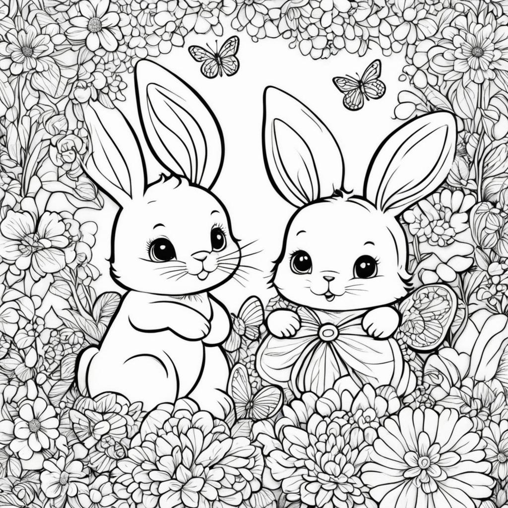 Black and white colouring book page featuring adorable children colouring a cute bunny surrounded by flowers and butterflies.