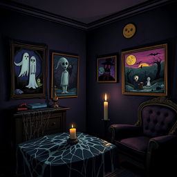 A horror-themed room featuring eerie cartoon-style paintings on the walls