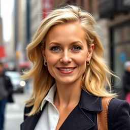 A woman aged between 30 and 40, with European features, dressed in stylish clothing