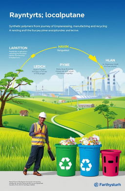 An informative and artistic representation of the journey of synthetic polymers from exploration to manufacturing and recycling, with a focus on a Bangladesh perspective