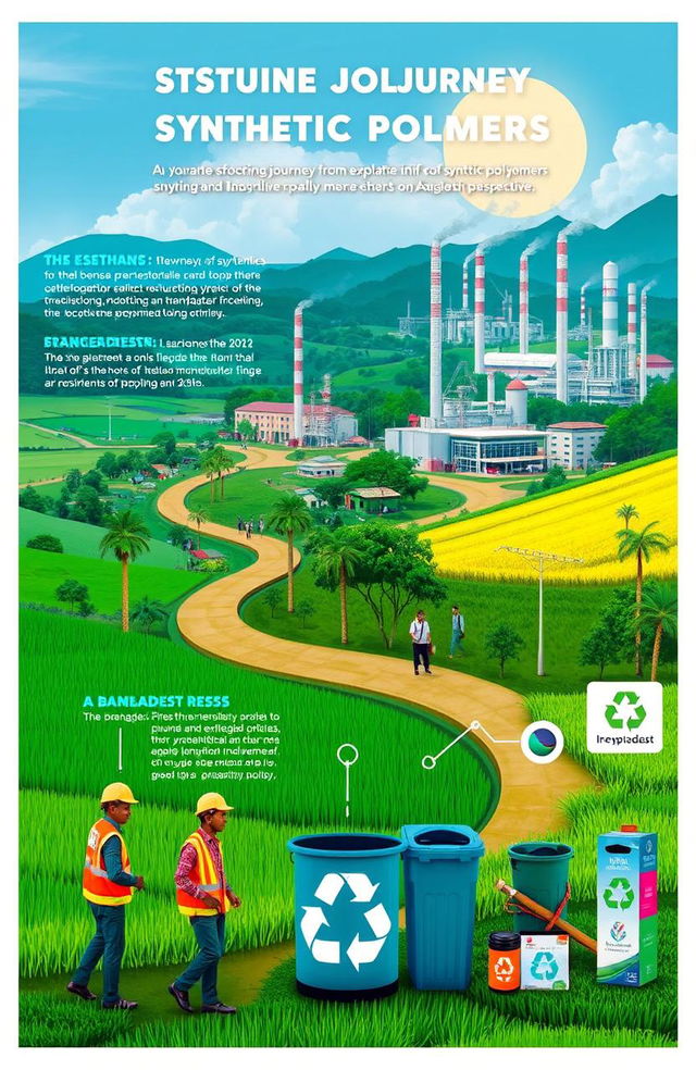 An informative and artistic representation of the journey of synthetic polymers from exploration to manufacturing and recycling, with a focus on a Bangladesh perspective