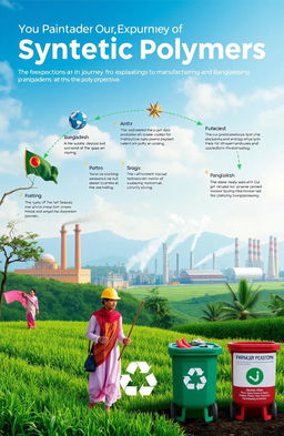 An informative and artistic representation of the journey of synthetic polymers from exploration to manufacturing and recycling, with a focus on a Bangladesh perspective